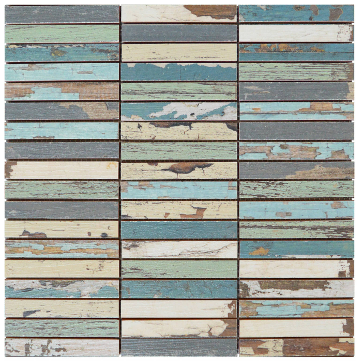 0.7x4 Wood Rectangles Mix Beige Blue Ceramic Mosaic | Glens Falls Tile & Supplies