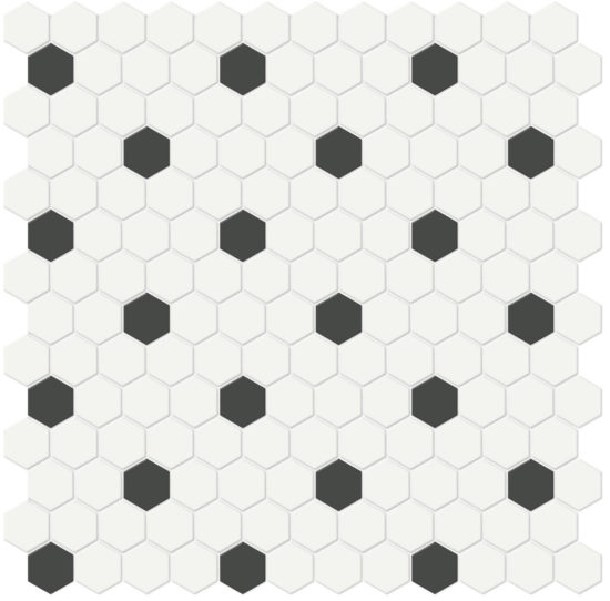1" White w/ Retro Black Matte Hex Mosaic