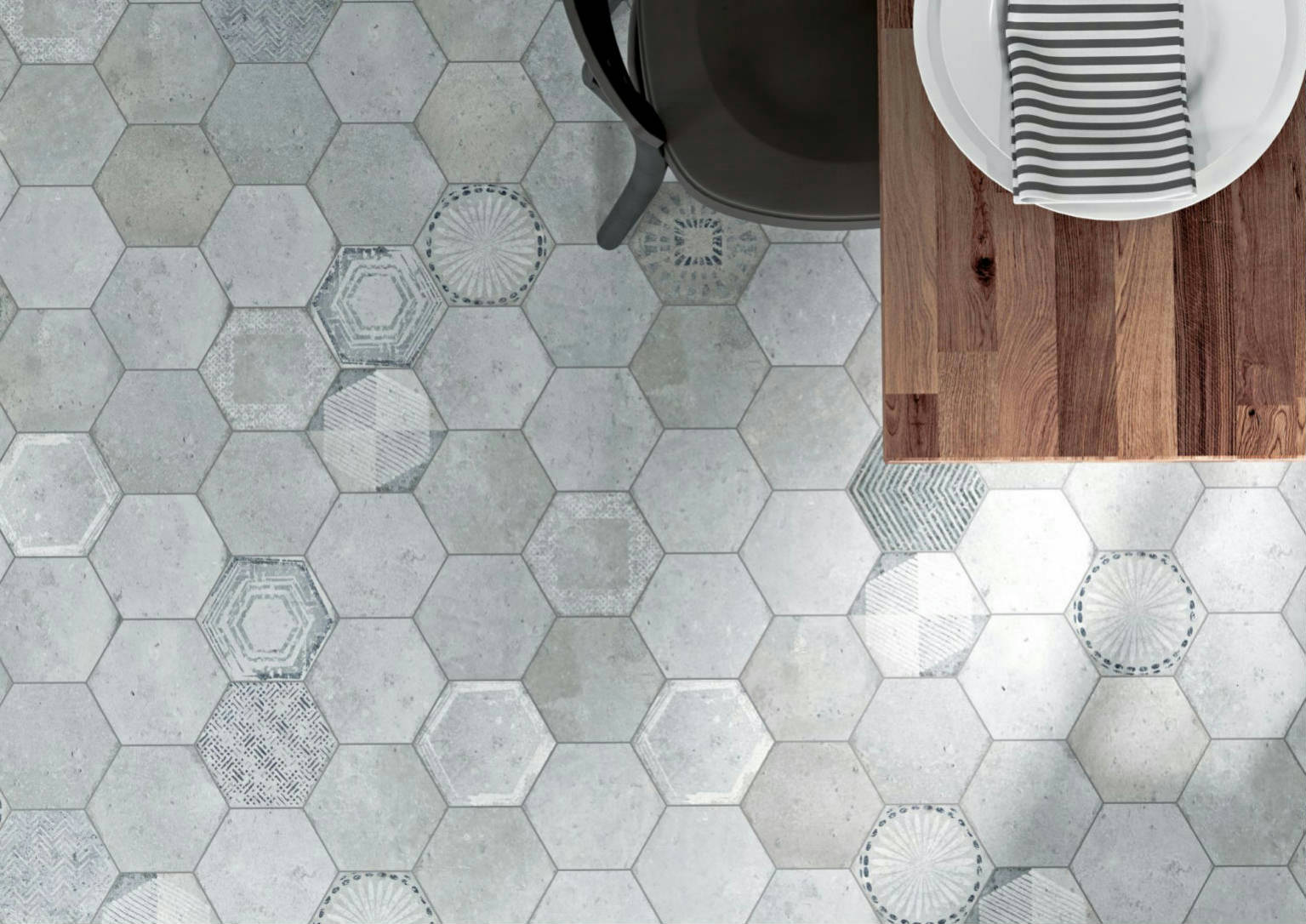 Alma 5.5x6.3” Grey and Grey Decor Hexagon | Glens Falls Tile & Supplies