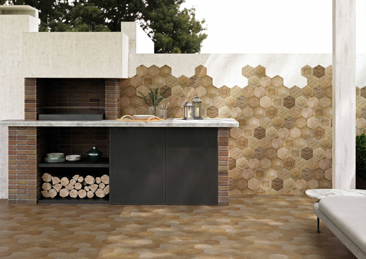 Alma 5.5x6.3” Terra and Sand Decor Hexagon | Glens Falls Tile & Supplies