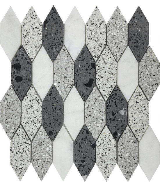 Long Hexagon Terrazzo Marble White Grey Black Mix Mosaic | Glens Falls Tile & Supplies