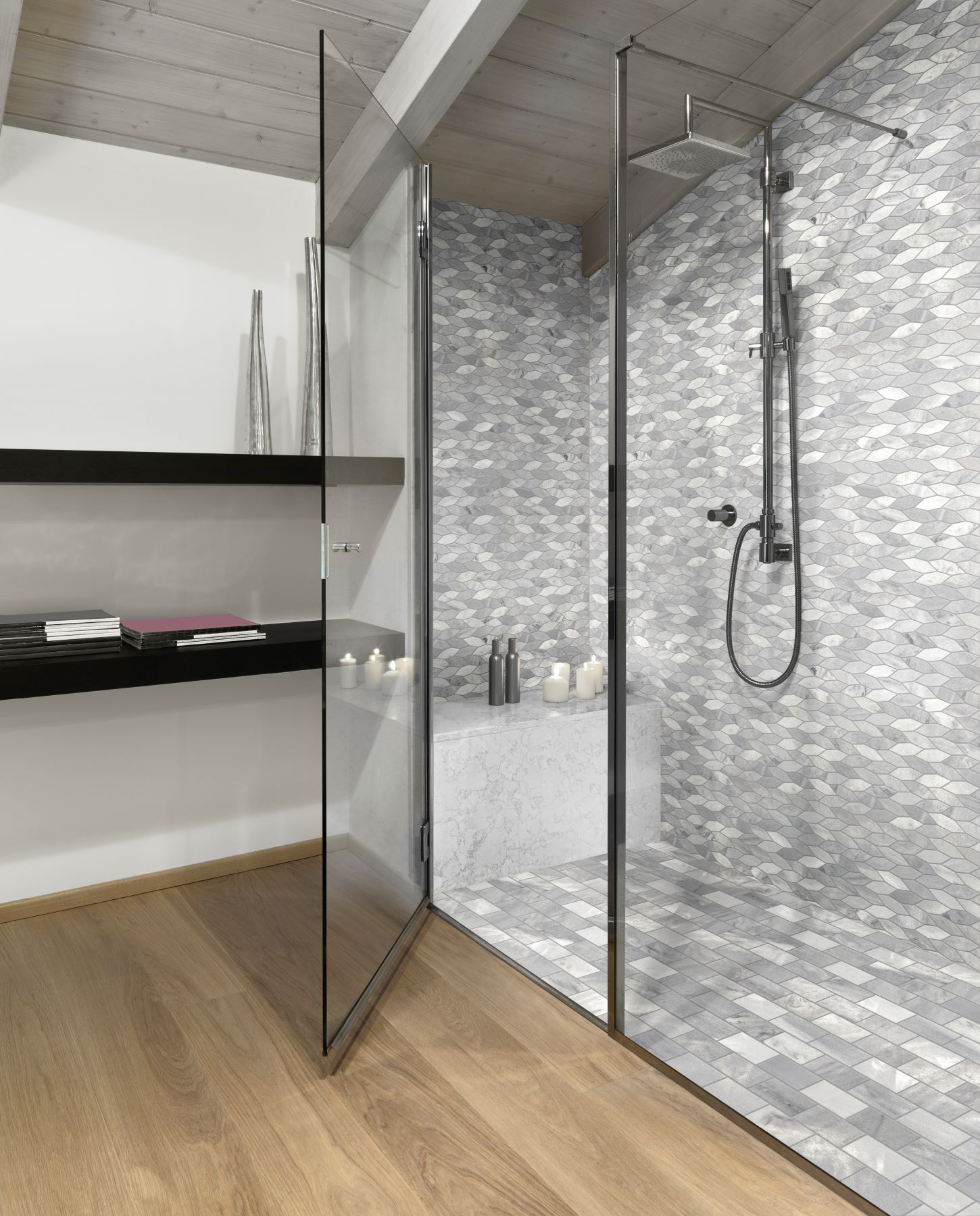Elongated Hexagon Ice Grey + 2"x4" Brick Ice Grey Mosaic | Glens Falls Tile & Supplies